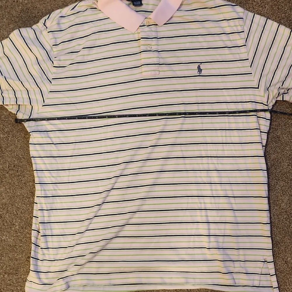 Ralph Lauren Polo Shirt - White with Blue, Green and Pink Stripes